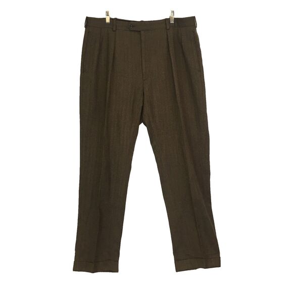 Harold‎ Powell Mens Brown Wool Herringbone Pleated Dress Pants, Cuffs, Slacks 36 - Picture 1 of 9